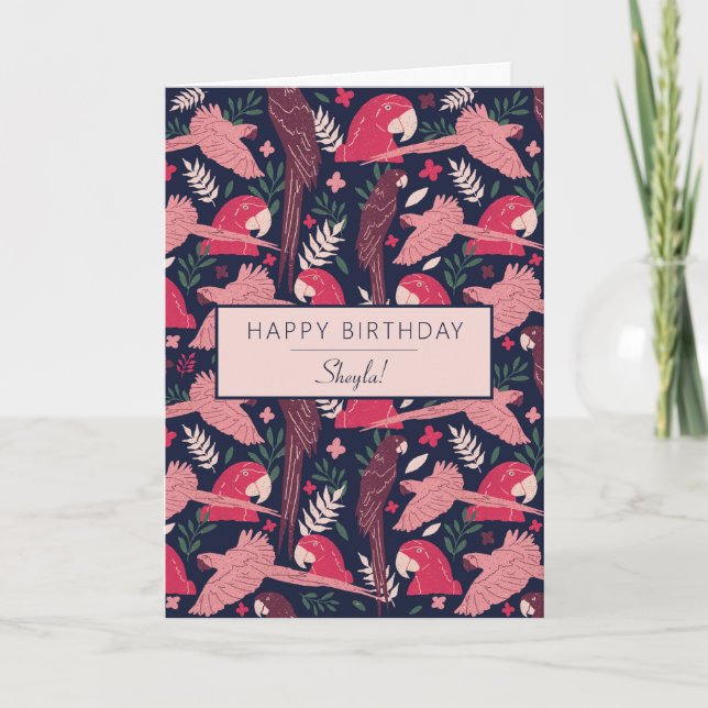 Ara Parrot Pink Tropical Leave Pattern Birthday Card (Front)