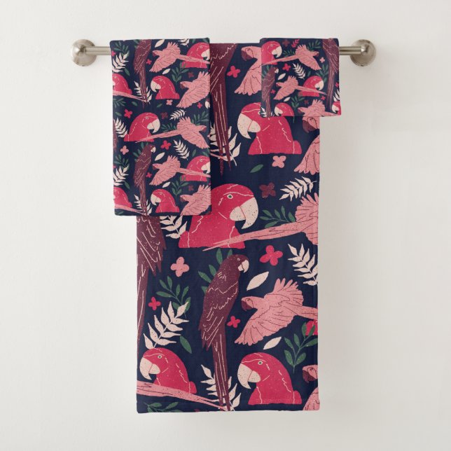 Ara Parrot Red Pink Drawing Tropical Leave Pattern Bath Towel Set (Insitu)