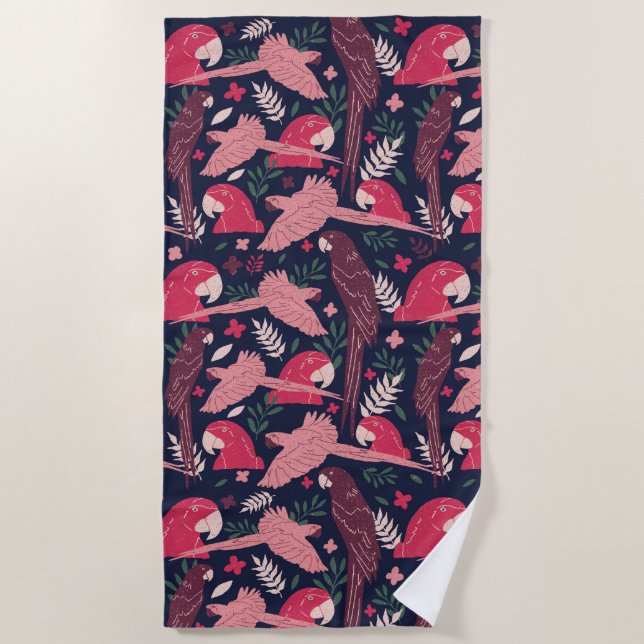 Ara Parrot Red Pink Drawing Tropical Leave Pattern Beach Towel (Front)