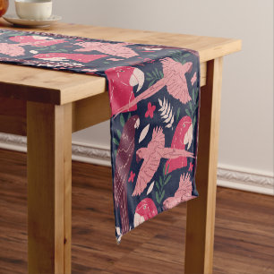 Ara Parrot Red Pink Drawing Tropical Leave Pattern Short Table Runner