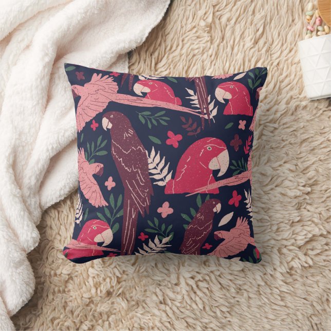 Ara Parrot Red Pink Drawing Tropical Leave Pattern Throw Pillow (Blanket)