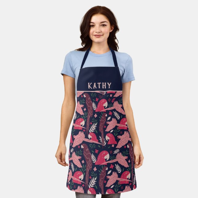 Ara Parrot Red Pink Tropical Leaf Pattern Name Apron (Worn)