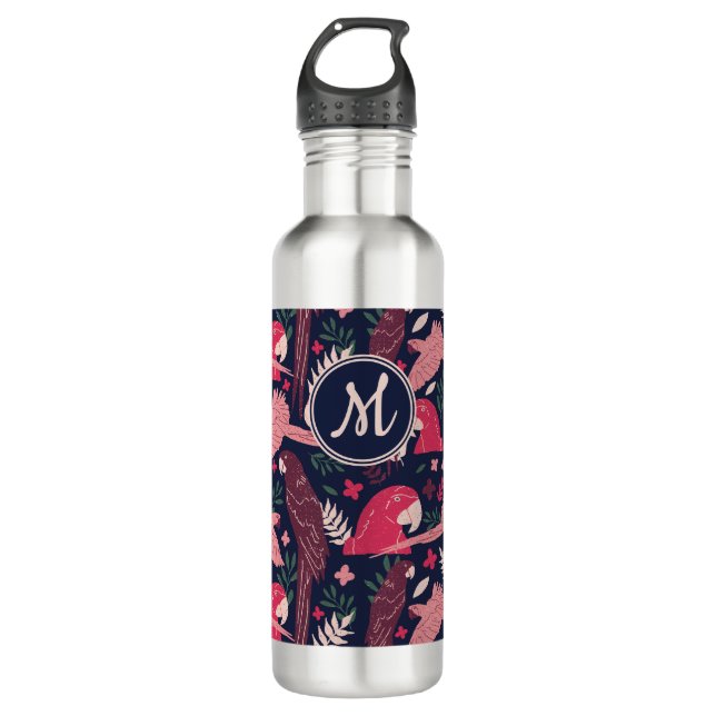 Ara Parrot Red Tropical Leave Pattern Monogram 710 Ml Water Bottle (Front)