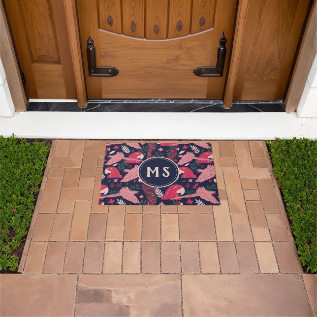Ara Parrot Red Tropical Pattern Monogram Doormat (Outdoor)