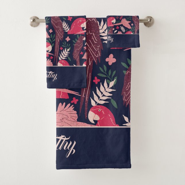 Ara Parrot Tropical Pattern Drawing Monogram Name Bath Towel Set (Insitu)