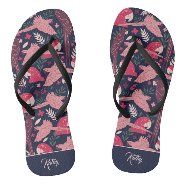 Ara Parrot Tropical Pattern Drawing Monogram Name Flip Flops (Footbed)