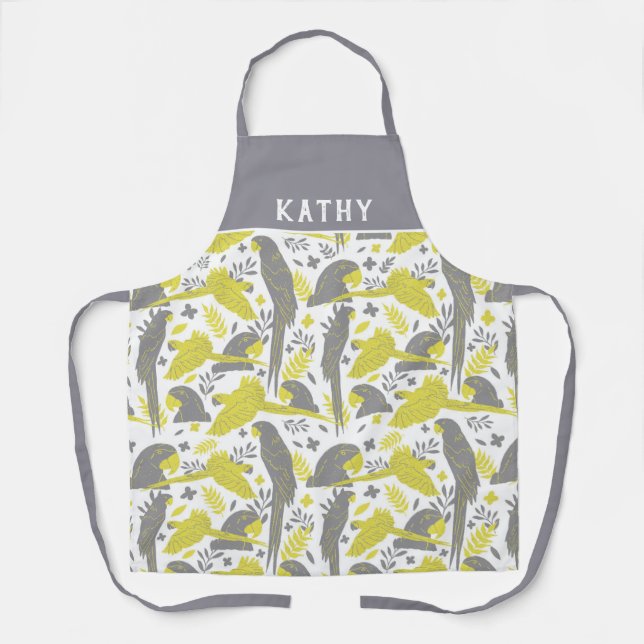 Ara Parrot Yellow Grey Tropical Leaf Pattern Apron (Front)