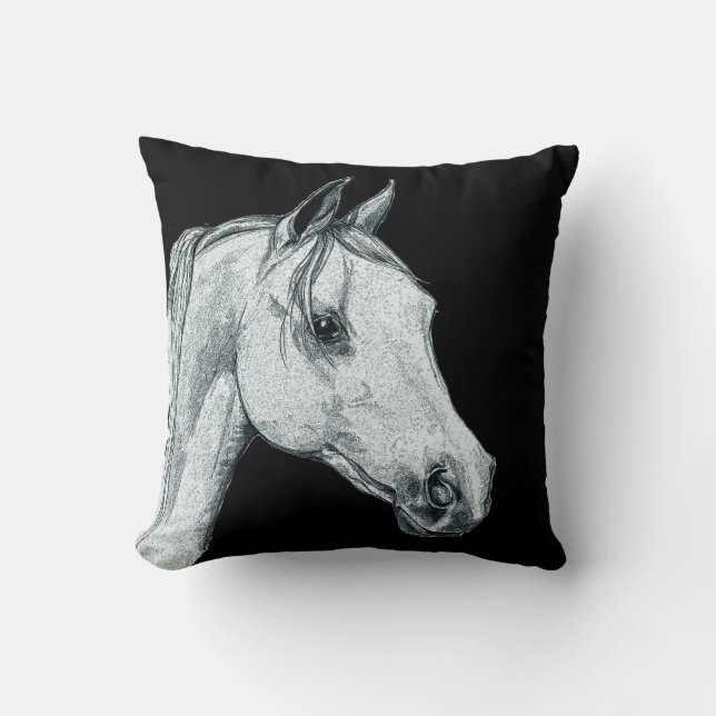 Arab Horse Portrait on Black Throw Pillow (Front)