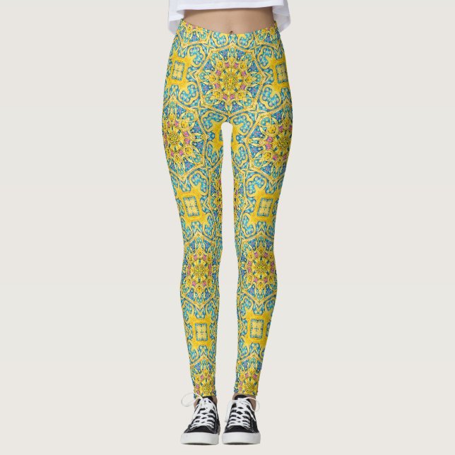 Arabesque Blue Gold Leggings (Front)