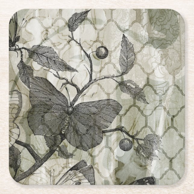 Arabesque Butterflies I Square Paper Coaster (Front)