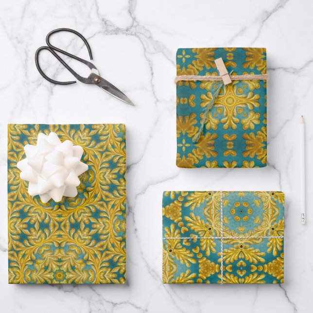 Arabesque design in yellow and turquoise set of 3  wrapping paper sheet (Front)