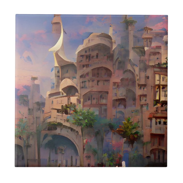 Arabesque fantasy dwellings palm trees digital art tile (Front)