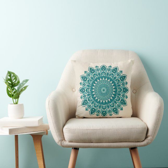Arabesque Mandala Pillow – Teal Geometric Accent C (Chair)