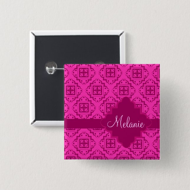 Arabesque Moroccan Magenta Name Badge 2 Inch Square Button (Front & Back)