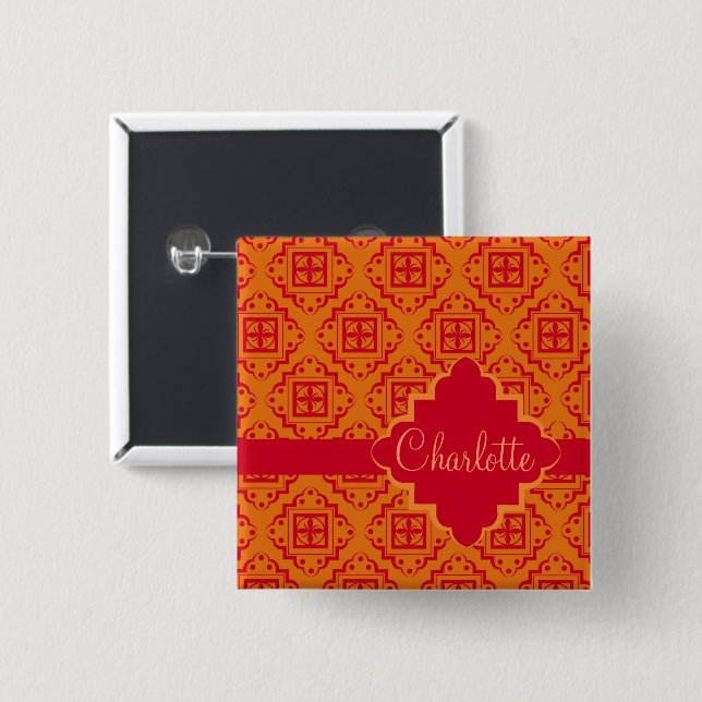 Arabesque Moroccan Orange Red Name Badge 2 Inch Square Button (Front & Back)