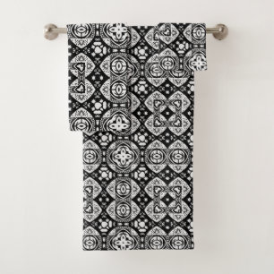 Arabesque Mosaic Tile Pattern Black and White   Bath Towel Set