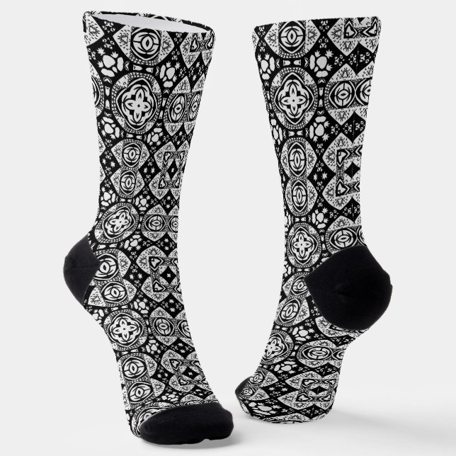 Arabesque Mosaic Tile Pattern Black and White   Socks (Angled)