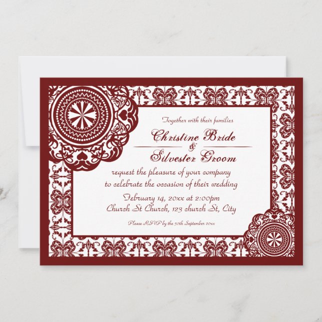 Arabesque Red Lace, 5x7 wedding invite (Front)