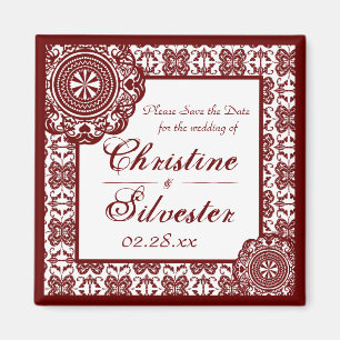 Arabesque Red Lace, square save the date Magnet