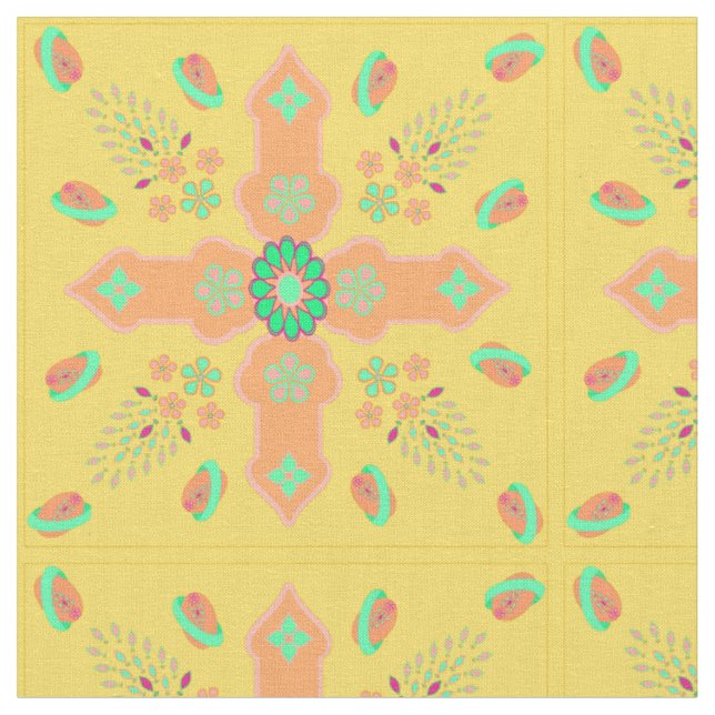 Arabesque Spring of Life Floral Cross Melon Colour Fabric (Close Up)