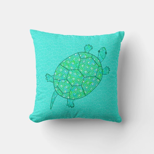Arabesque swirl turtle - shades of seafoam green throw pillow (Front)