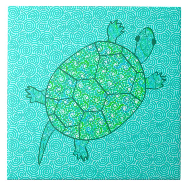 Arabesque swirl turtle - shades of seafoam green tile (Front)