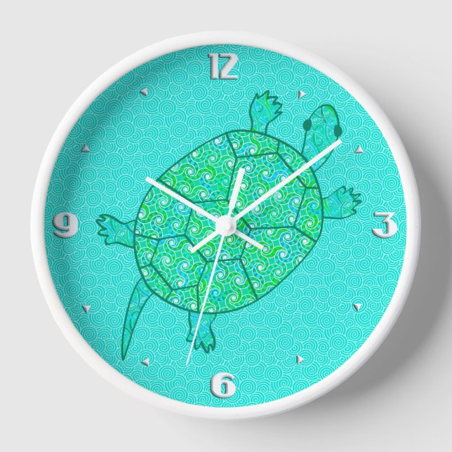 Arabesque swirl turtle - shades of seafoam green wall clock (Front)