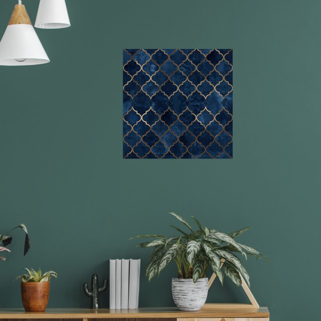 Arabesque Wall Art – Blue & Gold Geometric Pattern (Living Room 1)