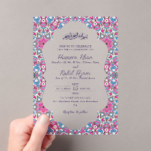 Arabian Arch Pink Navy Blue Ornate Muslim Wedding Acrylic Invitations
