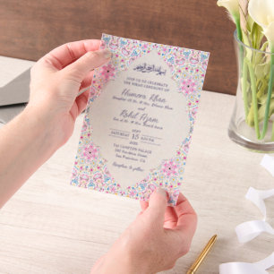 Arabian Arch Pink Navy Blue Ornate Muslim Wedding Vellum Invitations