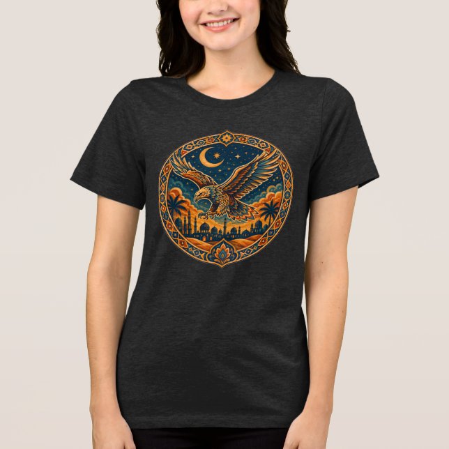 Arabian Falcon Moon Desert Art Tri-Blend Shirt (Front)