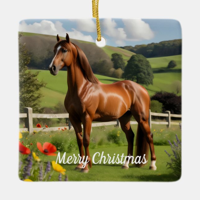 Arabian horse in countryside ceramic ornament (Front)