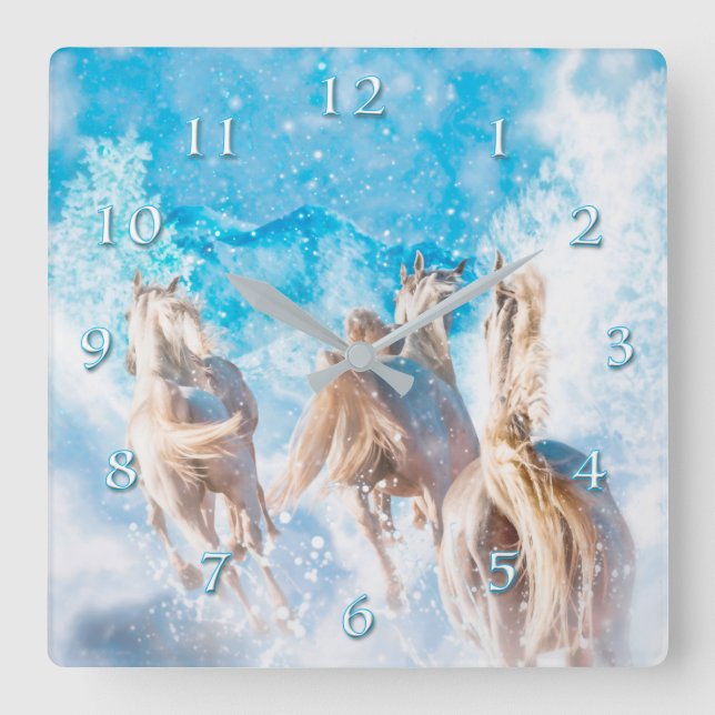 ARABIAN HORSES RUNNING WINTER TAILS SQUARE WALL CLOCK (Front)