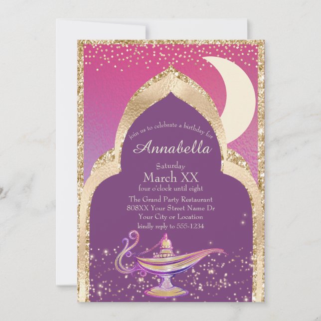 Arabian Nights Gold and Pink Aladdin Fairytale Invitation (Front)