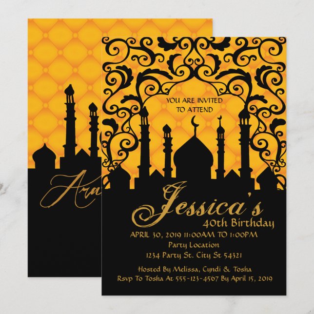 Arabian Nights, Gold Birthday Invitations (Front/Back)