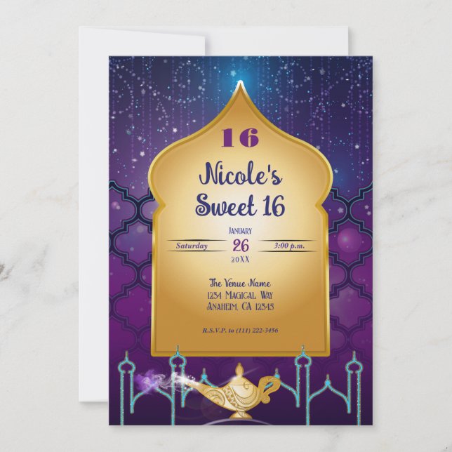 Arabian Nights Gold Magic Lamp Birthday Party Invitation (Front)