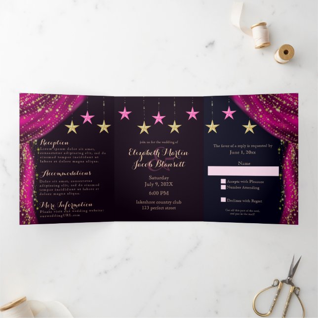 Arabian Nights Magenta & Gold All in One Wedding Tri-Fold Invitation (Inside)
