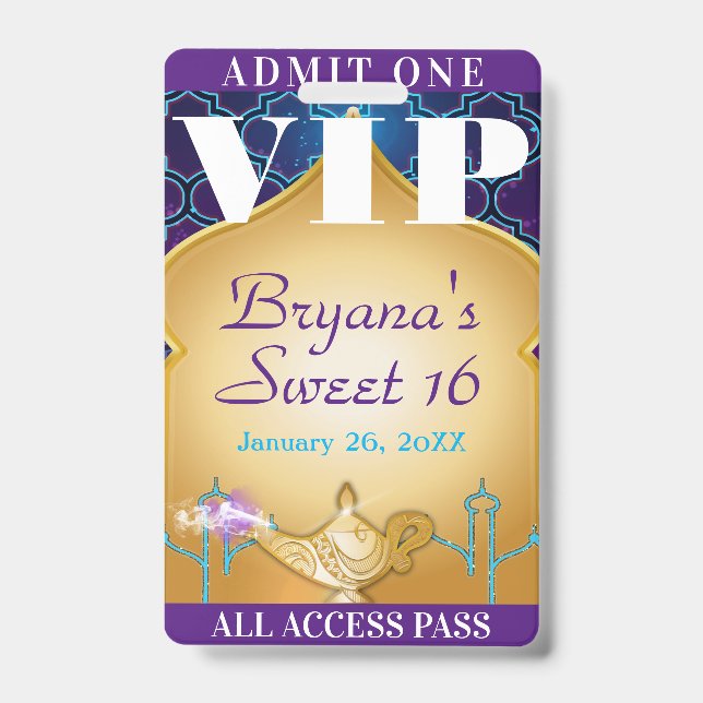 Arabian Nights Moroccan Party Sweet 16 VIP Pass Badge (Front)