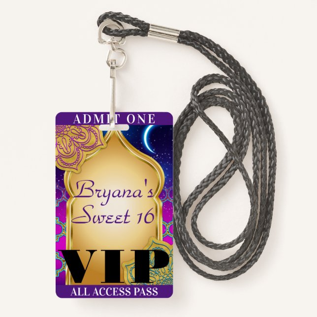 Arabian Nights Moroccan Party Sweet 16 VIP Pass Badge (Front with Lanyard)