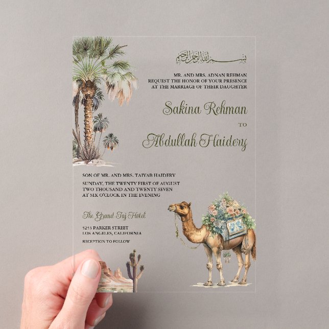 Arabian Palm Desert Camel Muslim Wedding Acrylic Invitations (Insitu (Handheld))