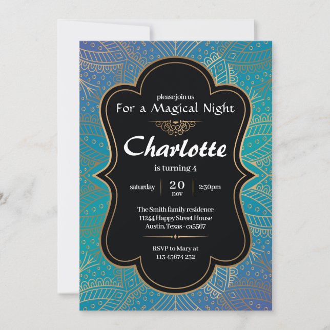 Arabian Sky Invitation for Birthday Party Blue (Devant)