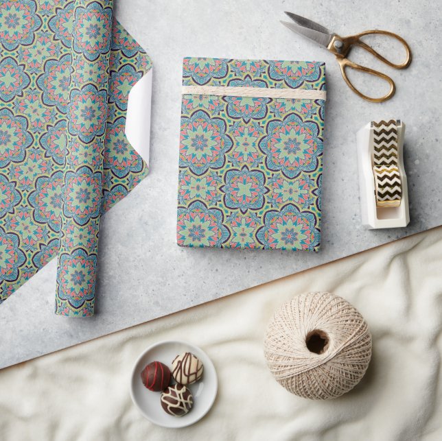 Arabic Boho Elegant Geometric Moroccan Blue Green Wrapping Paper (Crafts)