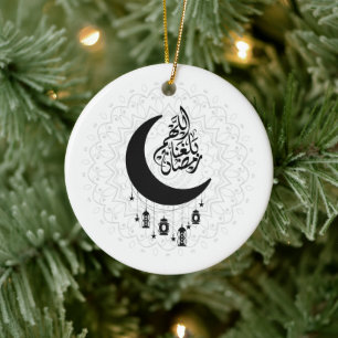 Arabic Diwani Calligraphy, Crescent Moon & Lantern Ceramic Ornament