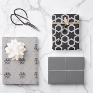 Arabic Eid Mubarak Cute Grey Star Pattern Quote Wrapping Paper Sheet