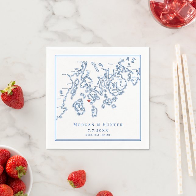Aragosta Deer Isle Maine Map Elegant Navy Wedding Napkin (Insitu)