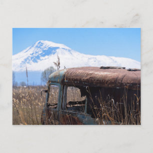 Ararat mountain and rusty bus postcard