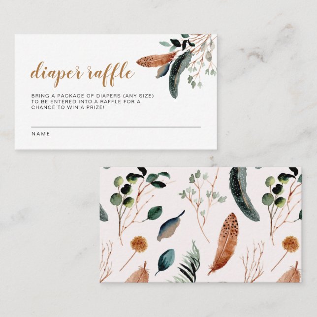 ARBOR Bohemian Feather Greenery Baby Diaper Raffle Place Card (Front/Back)
