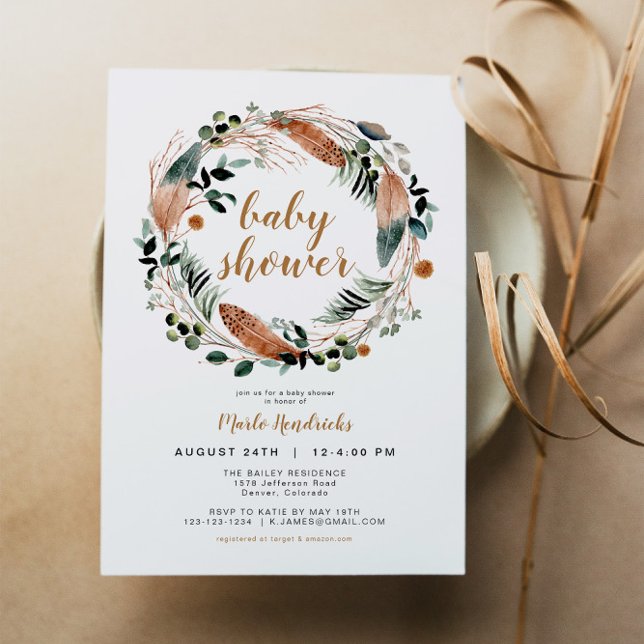 ARBOR Bohemian Feather Greenery Wreath Boho Baby Invitation (Creator Uploaded)