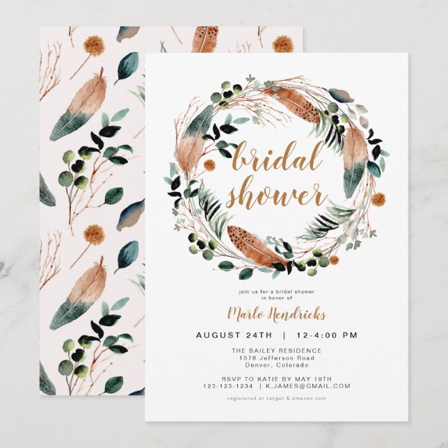 Arbor - Bohemian Feather Greenery Wreath Bridal Invitation (Front/Back)