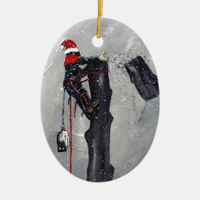 Arborist tree surgeon christmas card ceramic ornament (Front)